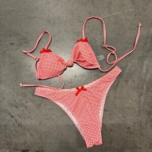 Vintage Y2K Red Bow Gingham Checkered Coquette Tie Bikini Swimsuit Set S/L